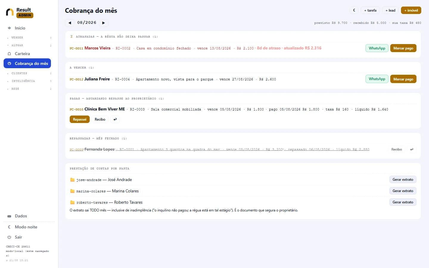 A mesma tela de cobrança do mês no tema claro do sistema
