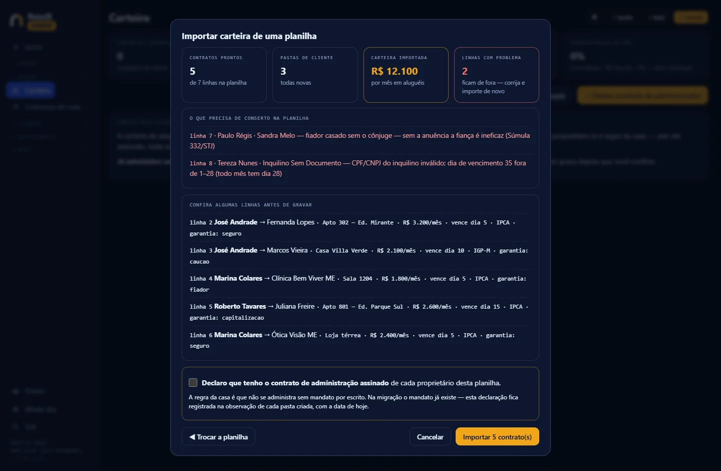 Tela de conferência da importação: contratos prontos, pastas de cliente, carteira somada e a lista de linhas com problema