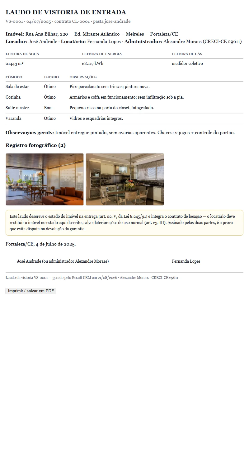 Laudo de vistoria de entrada com itens por cômodo, leituras dos medidores, registro fotográfico e linhas de assinatura